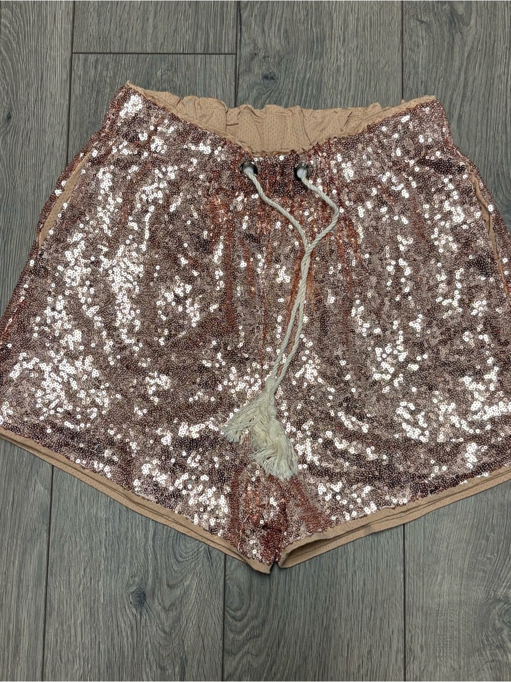 Sequined sparkly rose gold shorts